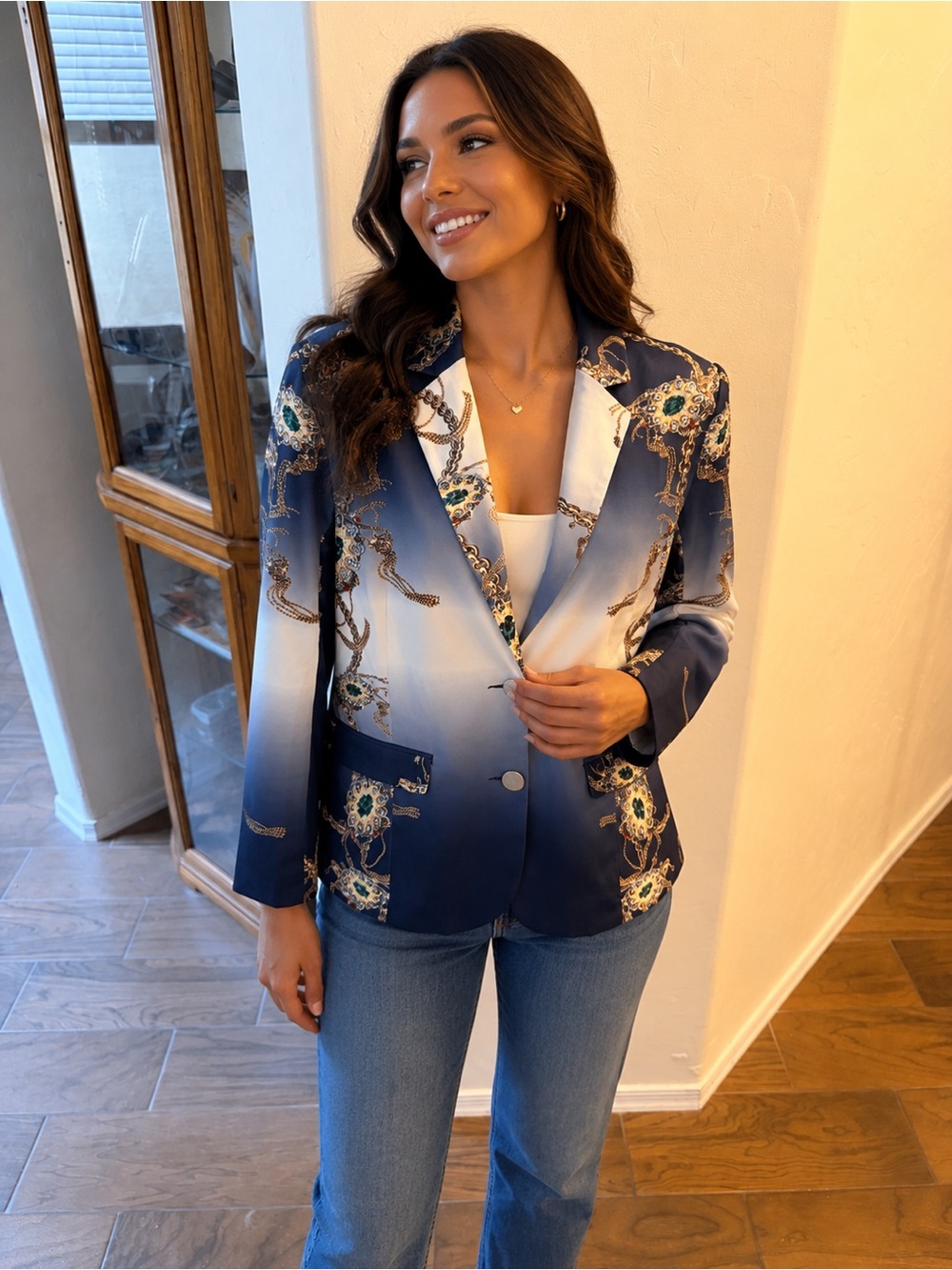 Navy Ombre Chain-Print Blazer designer